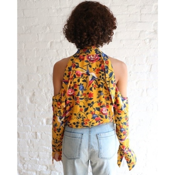 Tanya Taylor Adrienne Kimono Floral Silk Top Blouse in Marigold Cold Shoulder 2 - Picture 2 of 14